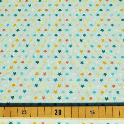Jersey Stoff bunte Sterne hellblau